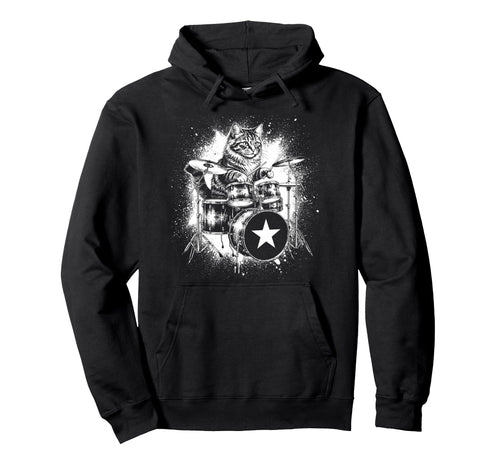 Rock Punk Rockstar Kitten Cat Drummer Hoodie - Unique Graphic Men Women - T-Shirt, Sweatshirt, Hoodie