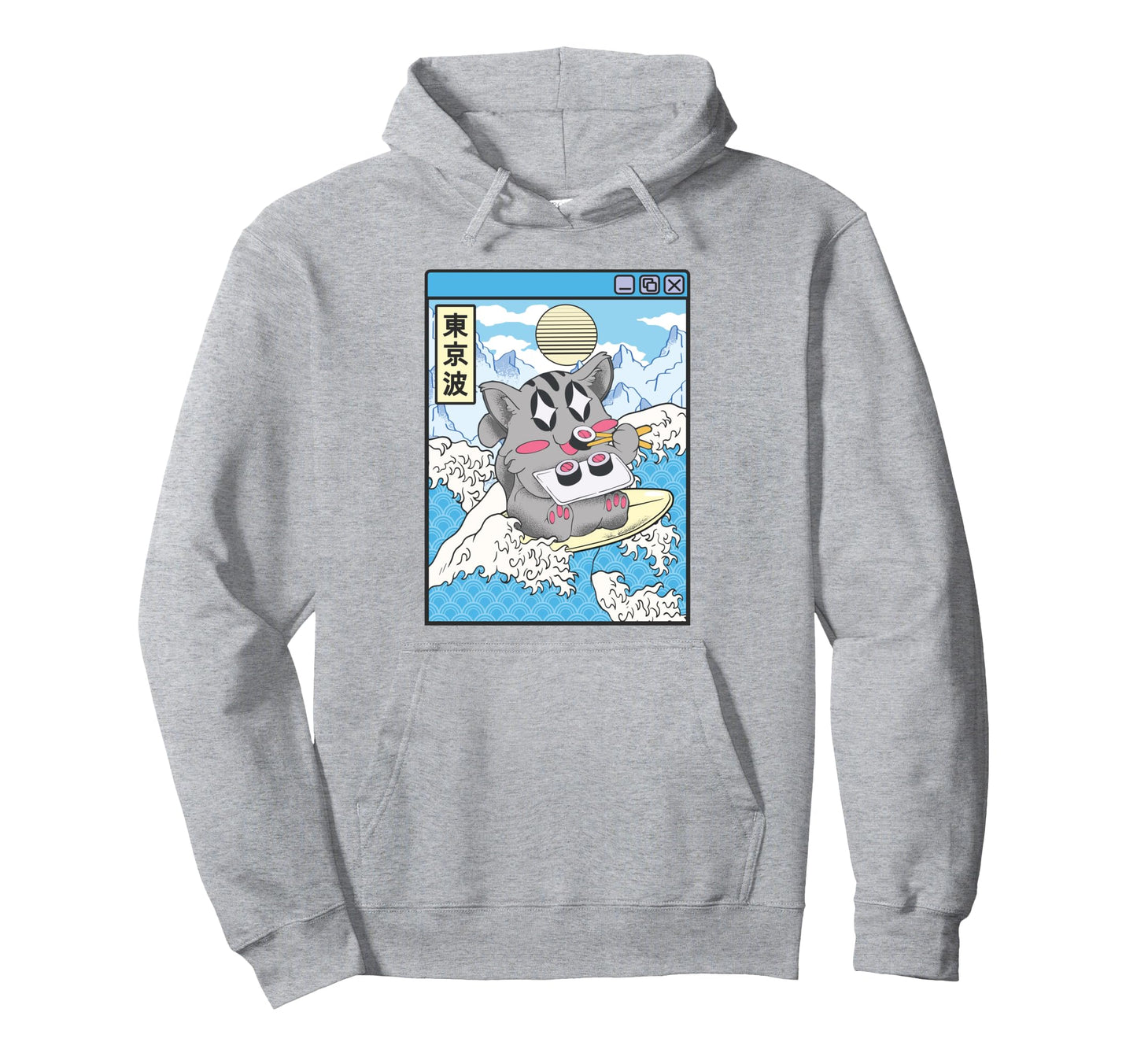 Surfing Cat Eating Sushi Japanese Wave Hoodie - Streetwear Style Unisex - T-Shirt, Sweatshirt, Hoodie