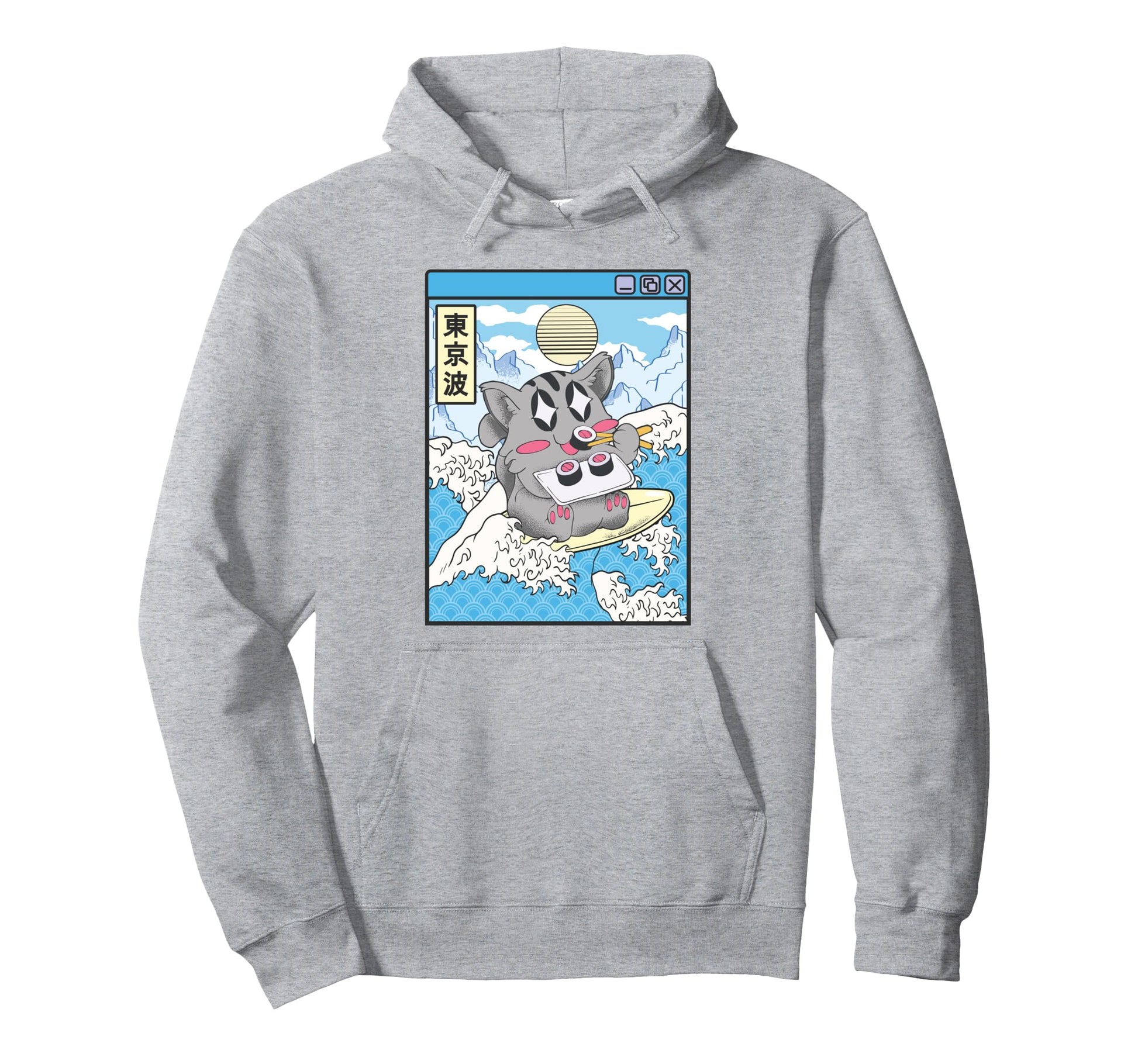 Surfing Cat Eating Sushi Japanese Wave Hoodie - Streetwear Style Unisex - T-Shirt, Sweatshirt, Hoodie