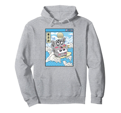 Surfing Cat Eating Sushi Japanese Wave Hoodie - Streetwear Style Unisex - T-Shirt, Sweatshirt, Hoodie