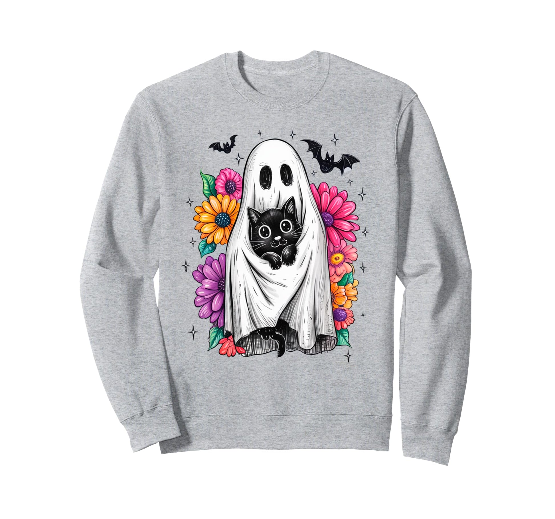 Boho Floral Spooky Ghost Holding Black Sweatshirt - Graphic Print Unisex - T-Shirt, Sweatshirt, Hoodie