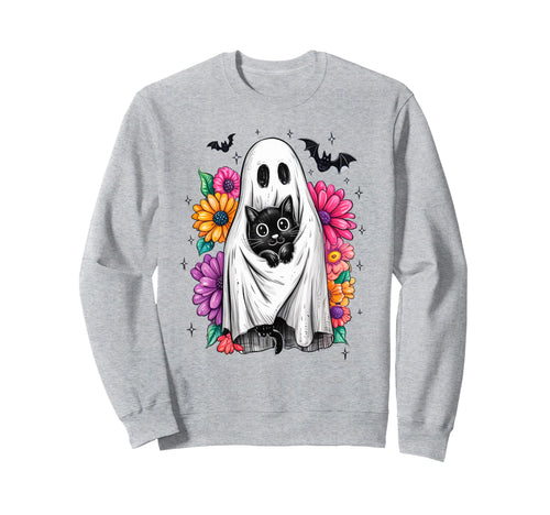 Boho Floral Spooky Ghost Holding Black Sweatshirt - Graphic Print Unisex - T-Shirt, Sweatshirt, Hoodie