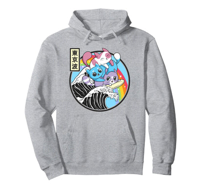 Playing Cats Surfing Kanagawa Wave Kawaii Hoodie - Graphic Print Men Women - T-Shirt, Sweatshirt, Hoodie