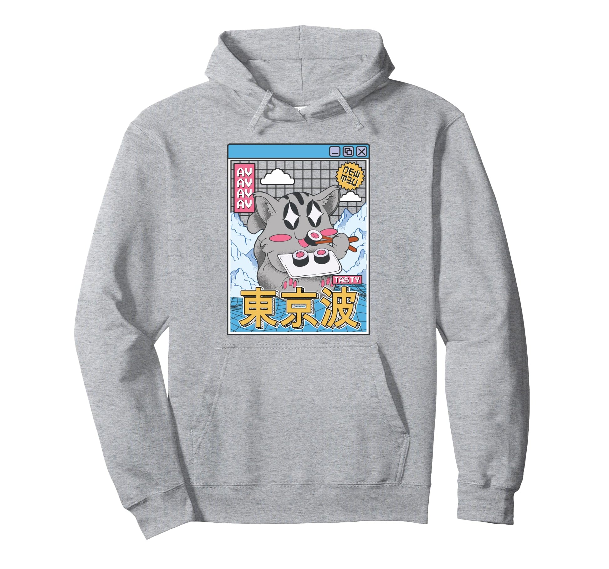Happy Cat Eating Sushi Vaporwave Hoodie - Streetwear Style Unisex - T-Shirt, Sweatshirt, Hoodie