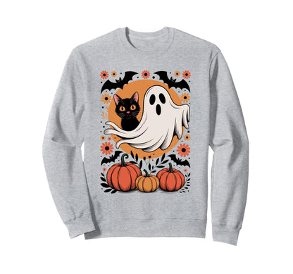 Halloween Cat Ghost Preppy Boho Floral Sweatshirt - Novelty Apparel Unisex - T-Shirt, Sweatshirt, Hoodie