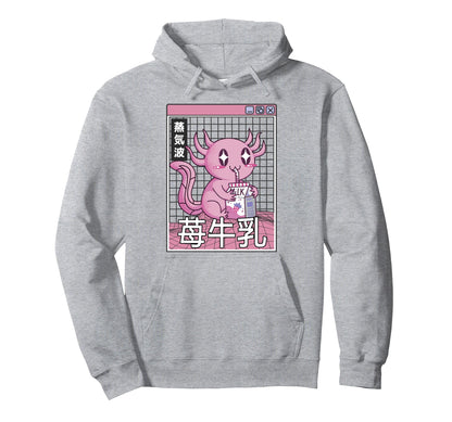 Axolotl Drinking Strawberry Milk Japan Hoodie - Unique Graphic Men Women - T-Shirt, Sweatshirt, Hoodie