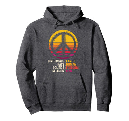 Peace Sign Birth Place Earth Race Hoodie - Minimalist Print for Adults - T-Shirt, Sweatshirt, Hoodie