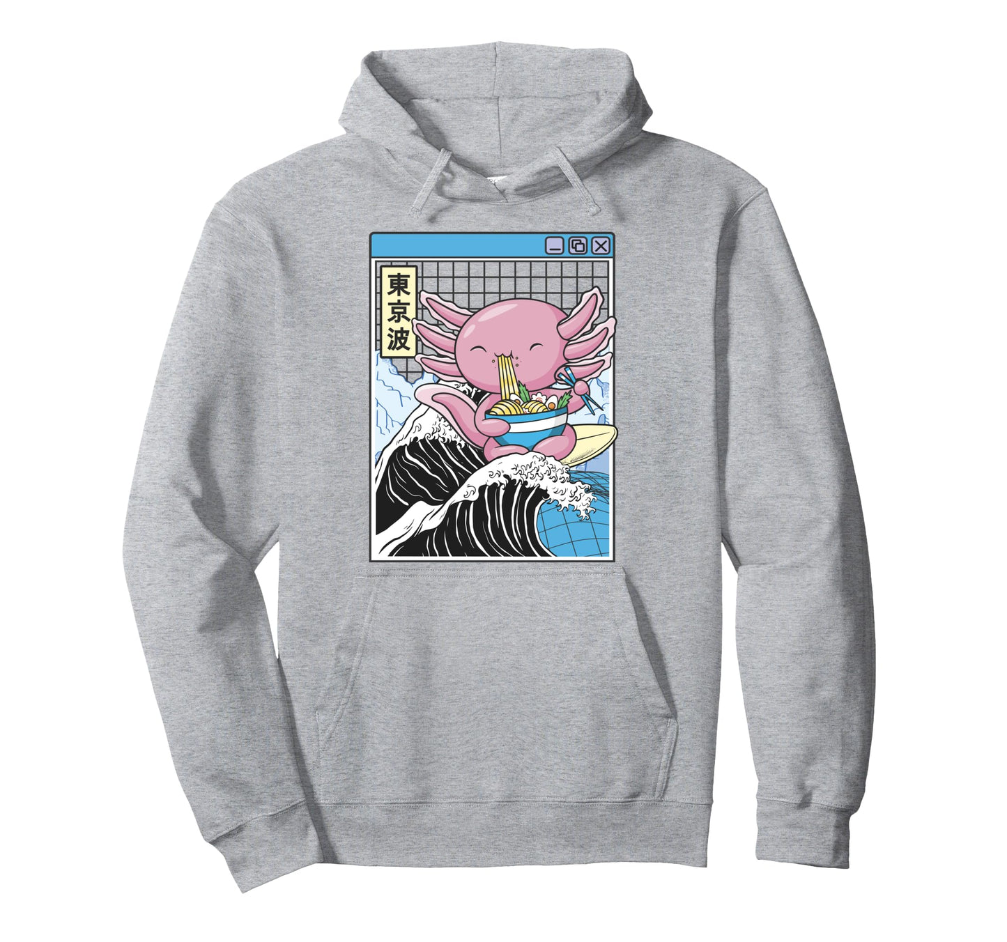 Axolotl Eating Ramen Kanagawa Wave Kawaii Hoodie - Minimalist Print Unisex - T-Shirt, Sweatshirt, Hoodie