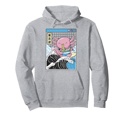 Axolotl Eating Ramen Kanagawa Wave Kawaii Hoodie - Minimalist Print Unisex - T-Shirt, Sweatshirt, Hoodie
