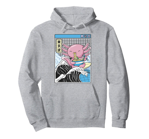 Axolotl Eating Ramen Kanagawa Wave Kawaii Hoodie - Minimalist Print Unisex - T-Shirt, Sweatshirt, Hoodie