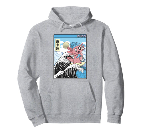 Gaming Axolotl Surfing Kanagawa Wave Pastel Hoodie - Trendy Graphic Unisex - T-Shirt, Sweatshirt, Hoodie