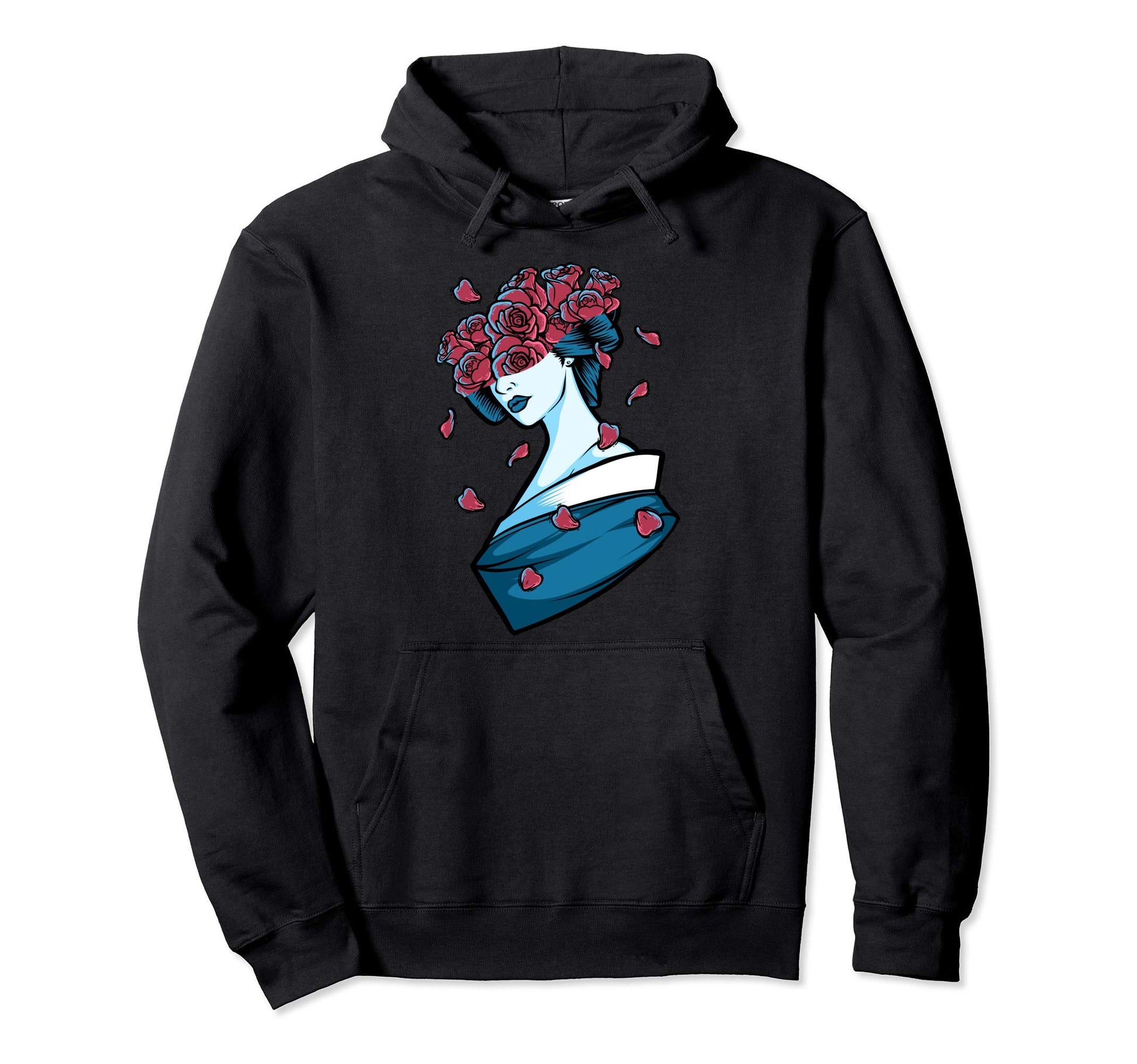 Geisha Cherry Red Roses Grunge Japanese Hoodie - Unique Graphic Men Women - T-Shirt, Sweatshirt, Hoodie