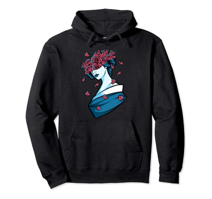 Geisha Cherry Red Roses Grunge Japanese Hoodie - Unique Graphic Men Women - T-Shirt, Sweatshirt, Hoodie