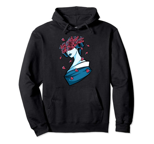 Geisha Cherry Red Roses Grunge Japanese Hoodie - Unique Graphic Men Women - T-Shirt, Sweatshirt, Hoodie