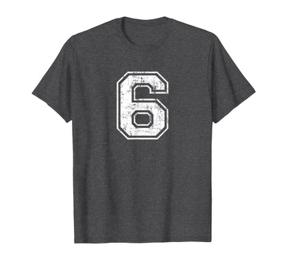 Number 6 Six Varsity Distressed Sports T-Shirt - Graphic Print for Adults - T-Shirt, Sweatshirt, Hoodie