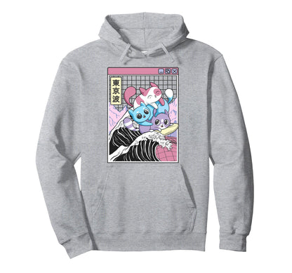 Playing Cats Surfing Kanagawa Wave Hoodie - Fun Novelty Design Unisex - T-Shirt, Sweatshirt, Hoodie
