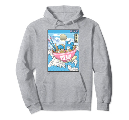 Digital Ramen Bowl Surfing Japanese Hoodie - Minimalist Print Men Women - T-Shirt, Sweatshirt, Hoodie