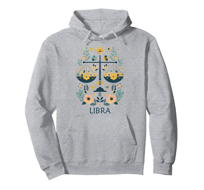 Libra Zodiac Sign Boho Floral Astrological Hoodie - Custom Art Print Unisex - T-Shirt, Sweatshirt, Hoodie