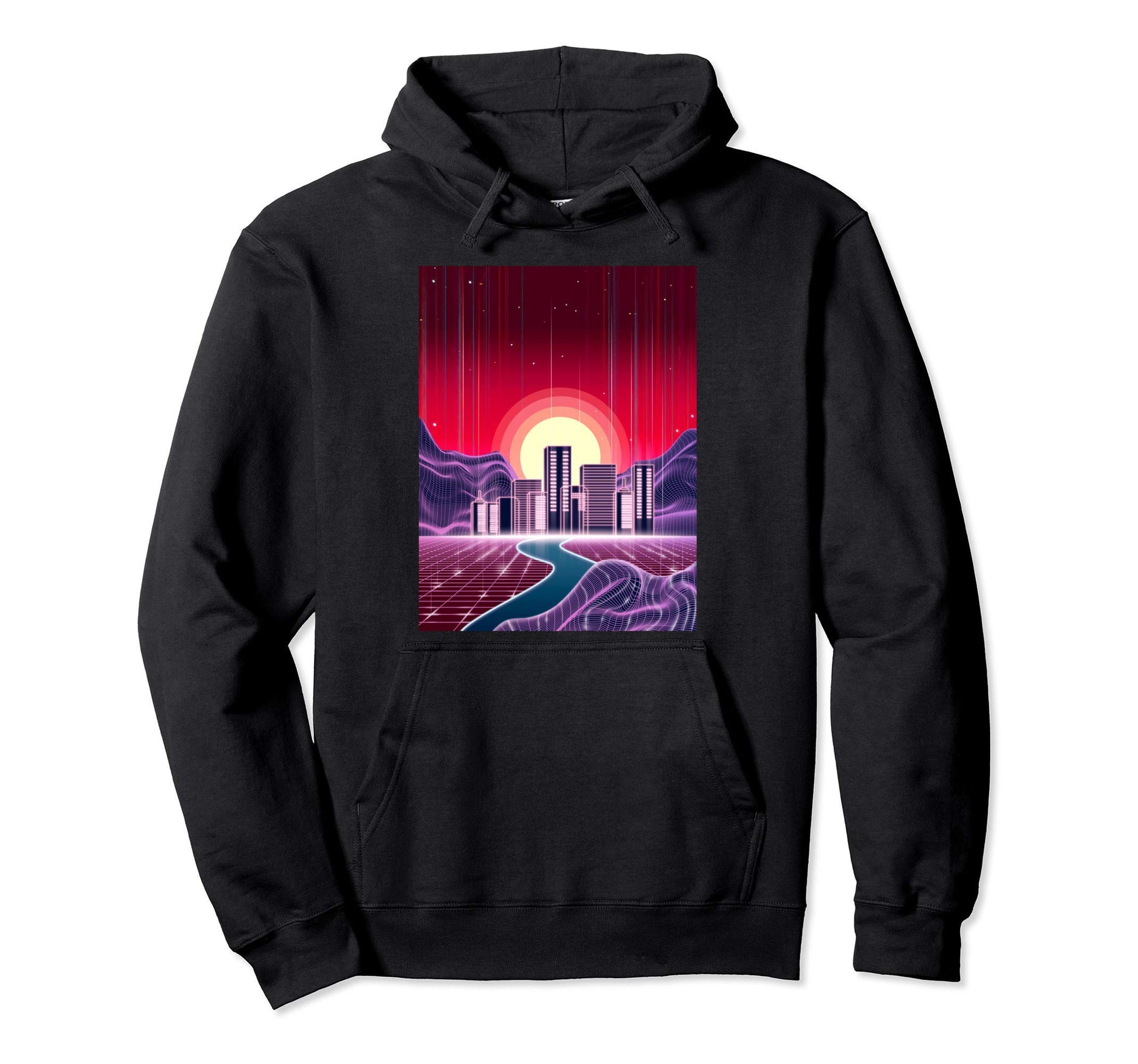 Outrun Digital Landscape Buildings Hoodie - Unique Graphic for Adults - T-Shirt, Sweatshirt, Hoodie