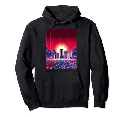 Outrun Digital Landscape Buildings Hoodie - Unique Graphic for Adults - T-Shirt, Sweatshirt, Hoodie