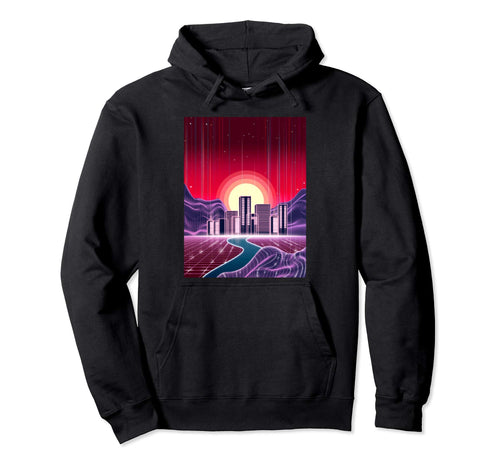 Outrun Digital Landscape Buildings Hoodie - Unique Graphic for Adults - T-Shirt, Sweatshirt, Hoodie