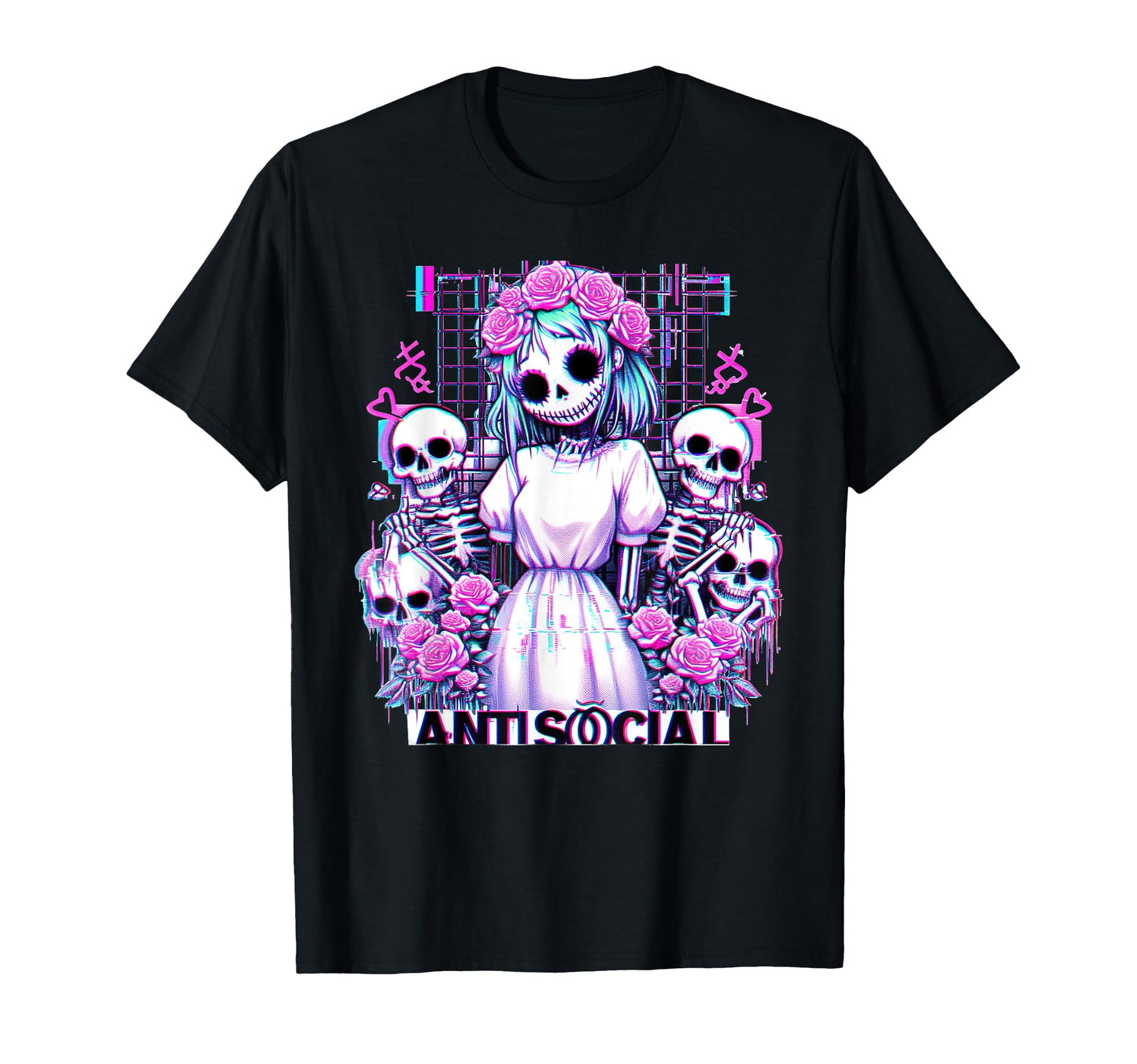 Antisocial Skeleton Anime Gothic Vaporwave T-Shirt - Graphic Print Unisex - T-Shirt, Sweatshirt, Hoodie