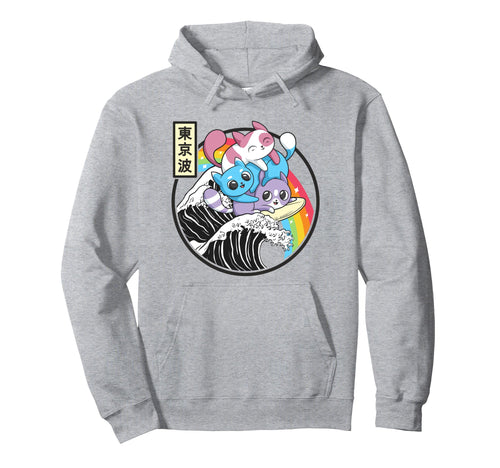 Playing Cats Surfing Kanagawa Wave Kawaii Hoodie - Custom Art Print Unisex - T-Shirt, Sweatshirt, Hoodie