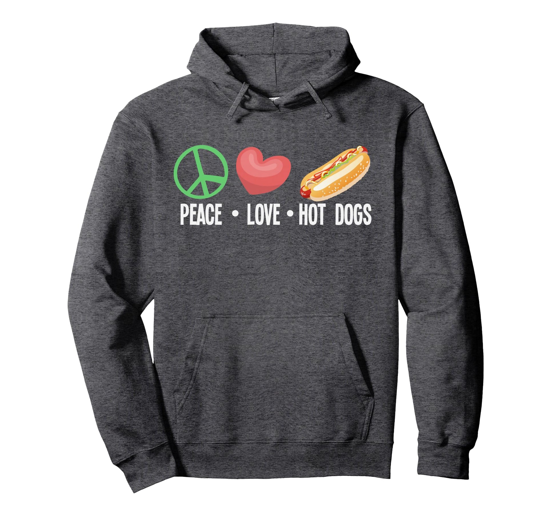 Peace Love Hot Dogs Funny Hot Dog Lover Hoodie - Unique Graphic Unisex - T-Shirt, Sweatshirt, Hoodie