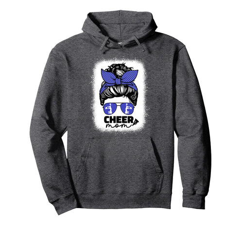 Cheer Mom Cheerleader Mom Blue Messy Bun Mom Hoodie - Trendy Graphic Unisex - T-Shirt, Sweatshirt, Hoodie
