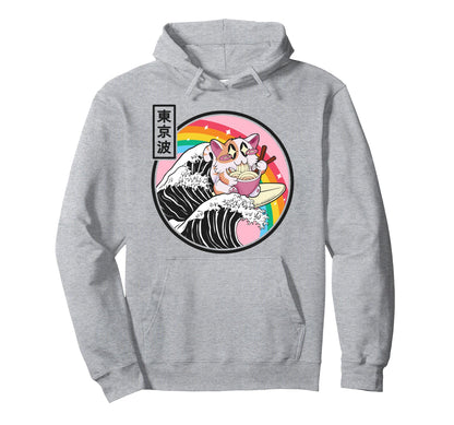 Happy Cat Eating Ramen Rainbow Kanagawa Hoodie - Trendy Graphic Unisex - T-Shirt, Sweatshirt, Hoodie