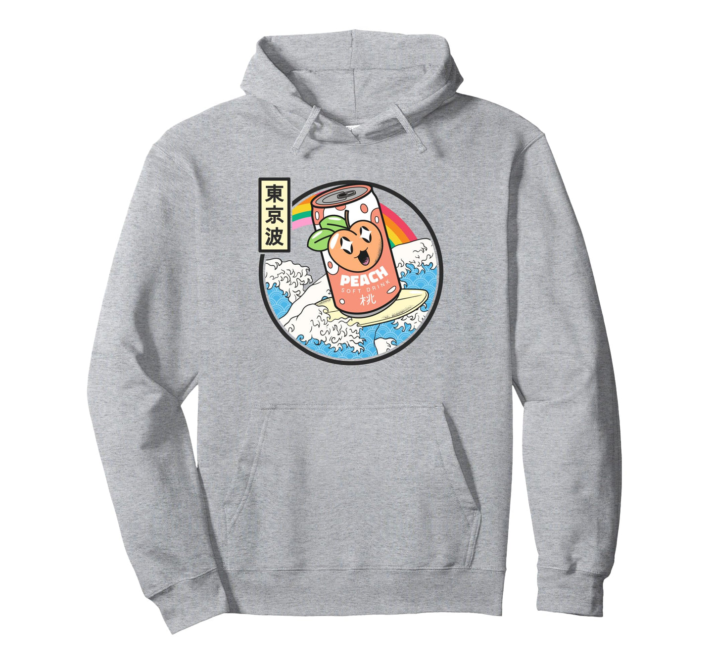 Surfing Peach Soda Japanese Waves Hoodie - Minimalist Print for Adults - T-Shirt, Sweatshirt, Hoodie