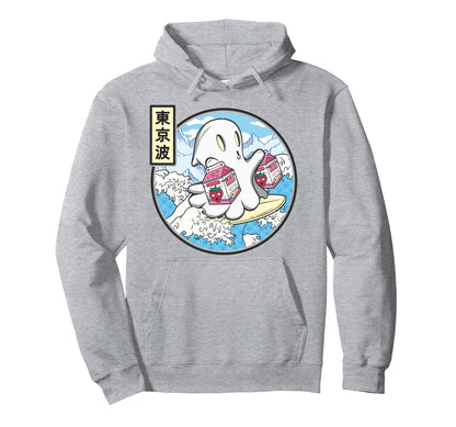 Surfing Ghost Strawberry Milk Japanese Hoodie - Trendy Graphic Unisex - T-Shirt, Sweatshirt, Hoodie