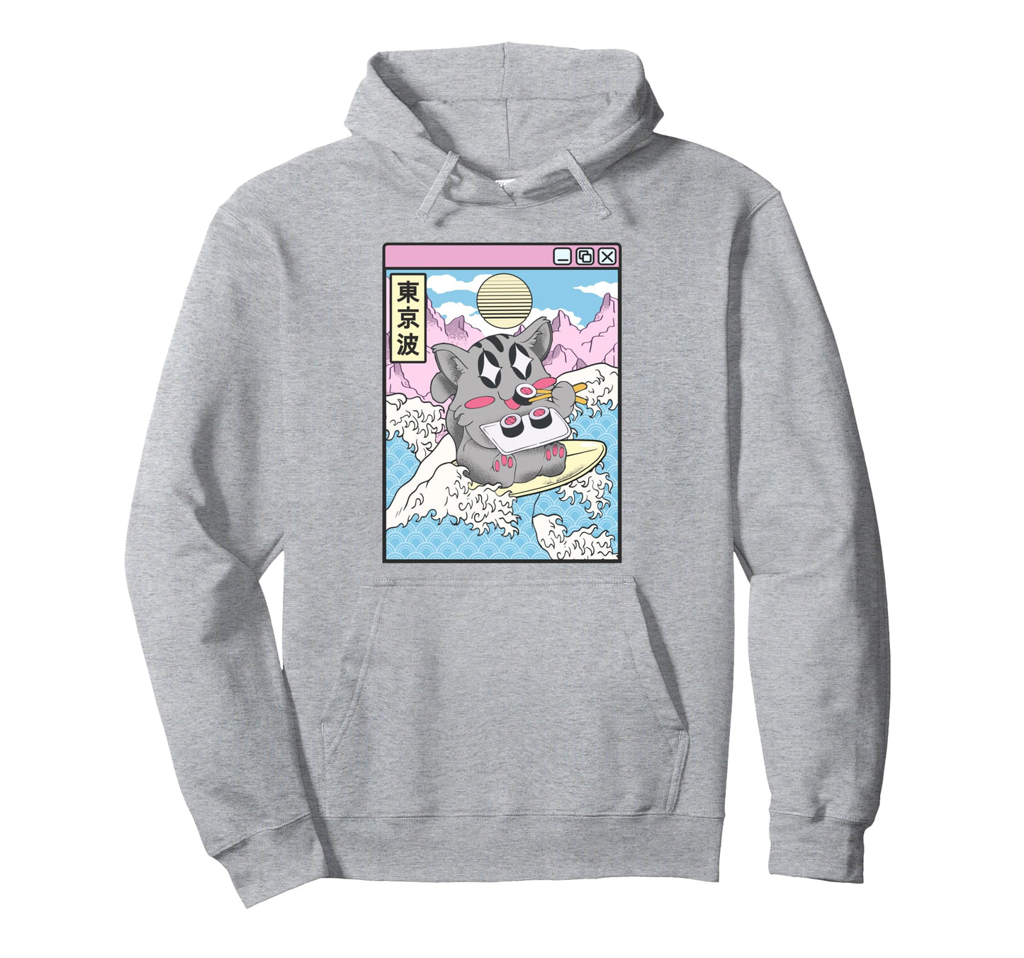 Surfing Cat Eating Sushi Japanese Wave Hoodie - Novelty Apparel Men Women - T-Shirt, Sweatshirt, Hoodie