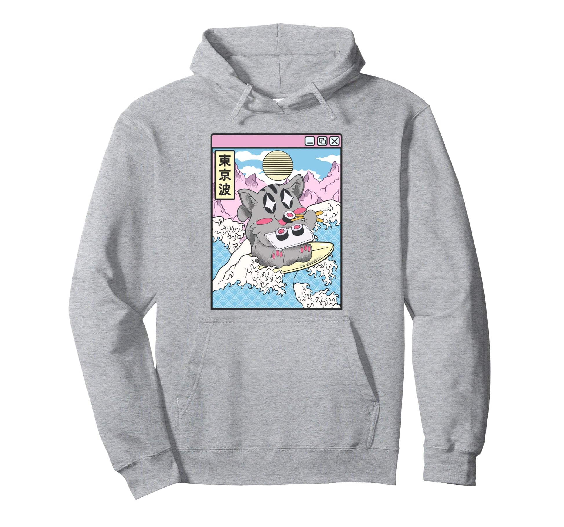Surfing Cat Eating Sushi Japanese Wave Hoodie - Novelty Apparel Men Women - T-Shirt, Sweatshirt, Hoodie