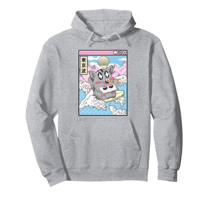 Surfing Cat Eating Sushi Japanese Wave Hoodie - Novelty Apparel Men Women - T-Shirt, Sweatshirt, Hoodie