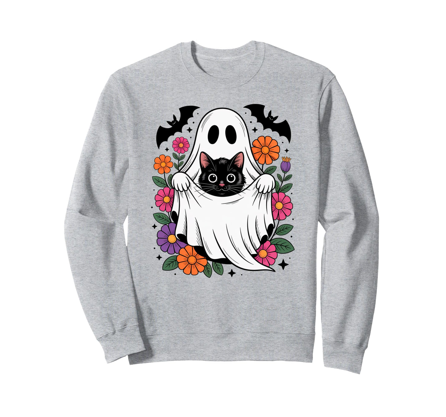 Boho Floral Spooky Ghost Cat Halloween Sweatshirt - Trendy Graphic Unisex - T-Shirt, Sweatshirt, Hoodie