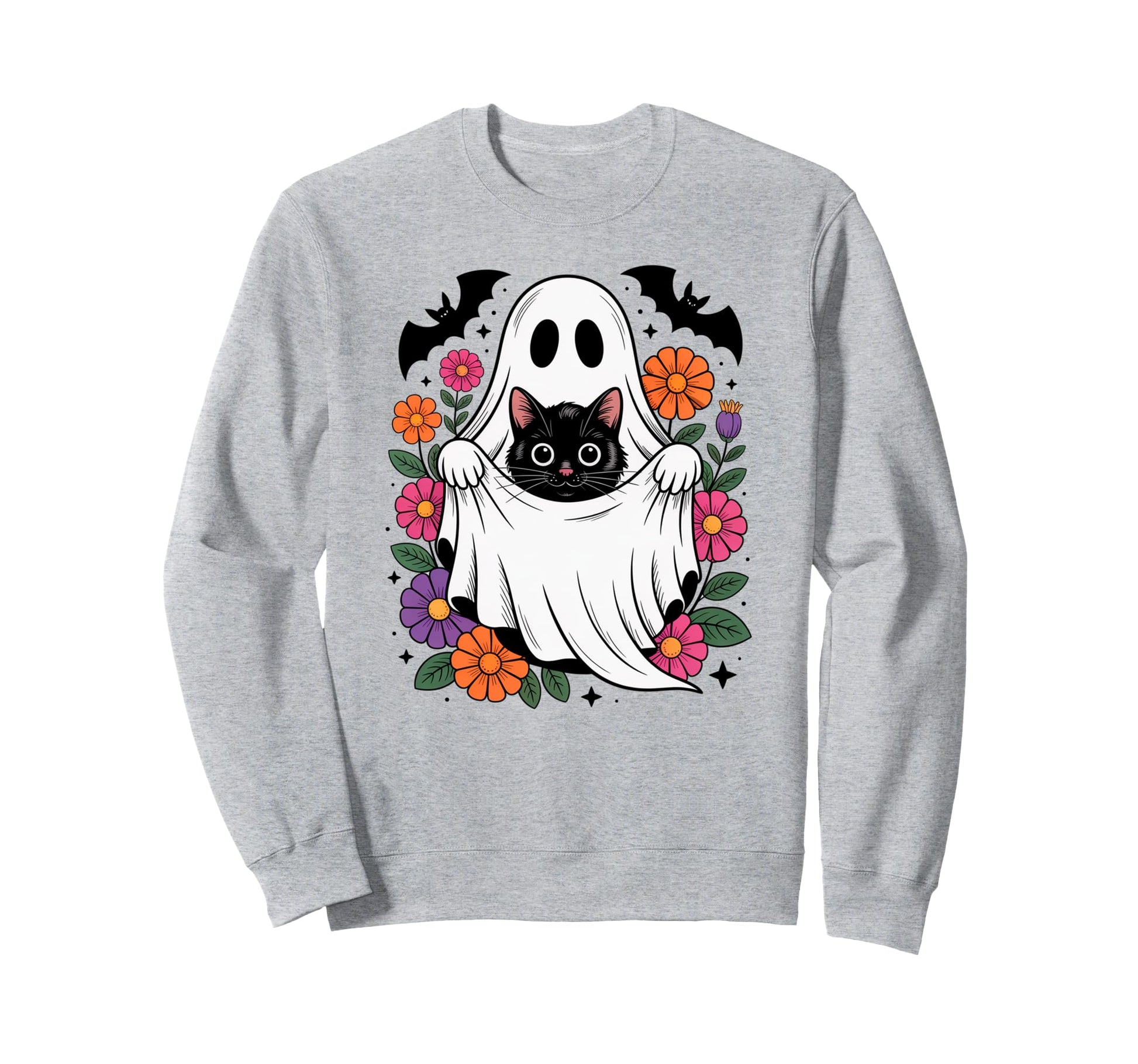 Boho Floral Spooky Ghost Cat Halloween Sweatshirt - Trendy Graphic Unisex - T-Shirt, Sweatshirt, Hoodie