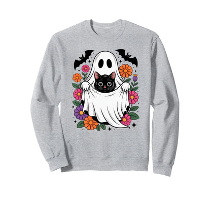 Boho Floral Spooky Ghost Cat Halloween Sweatshirt - Trendy Graphic Unisex - T-Shirt, Sweatshirt, Hoodie