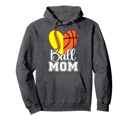 Ball Mom Heart Softball Basketball Mom Hoodie - Trendy Graphic Unisex - T-Shirt, Sweatshirt, Hoodie