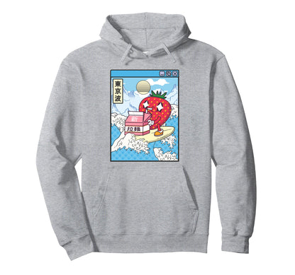 Surfing Strawberry Drinking Milk Hoodie - Minimalist Print for Adults - T-Shirt, Sweatshirt, Hoodie