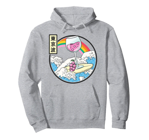 Surfing Wine Glass Japan Waves Kawaii Hoodie - Graphic Print Unisex - T-Shirt, Sweatshirt, Hoodie