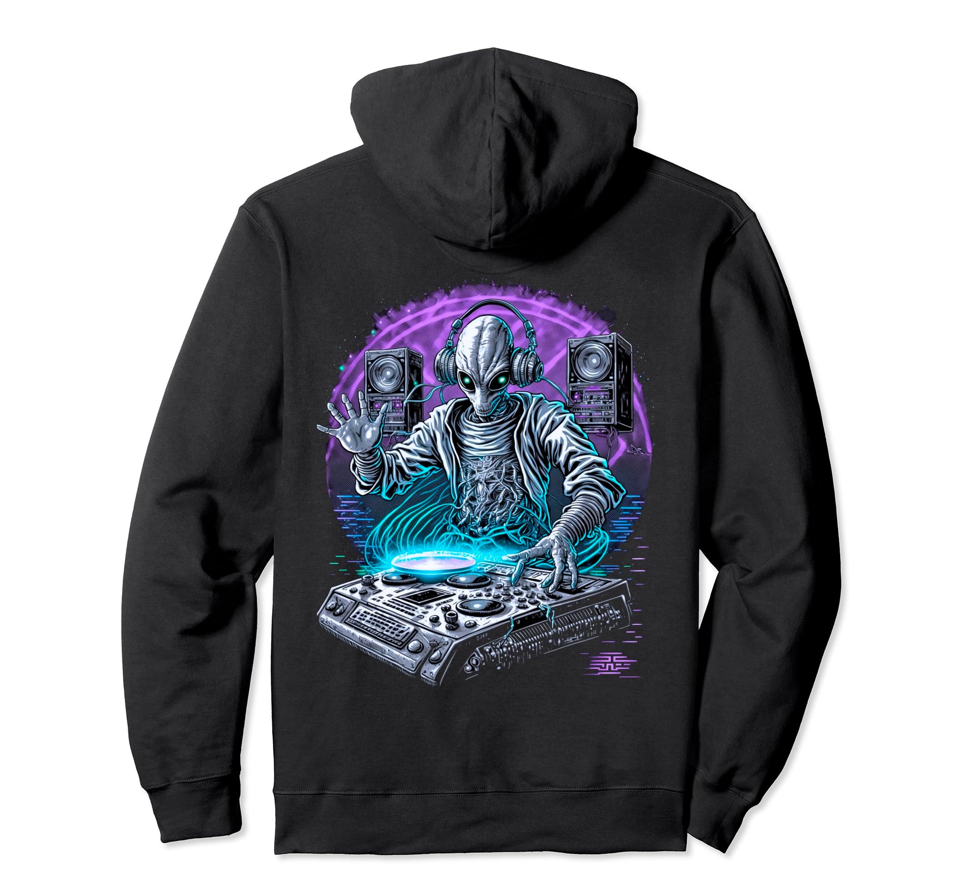 Backprint Retrowave Dj Rave Mixer Hoodie - Minimalist Print for Adults - T-Shirt, Sweatshirt, Hoodie