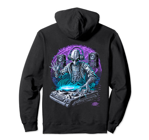 Backprint Retrowave Dj Rave Mixer Hoodie - Minimalist Print for Adults - T-Shirt, Sweatshirt, Hoodie
