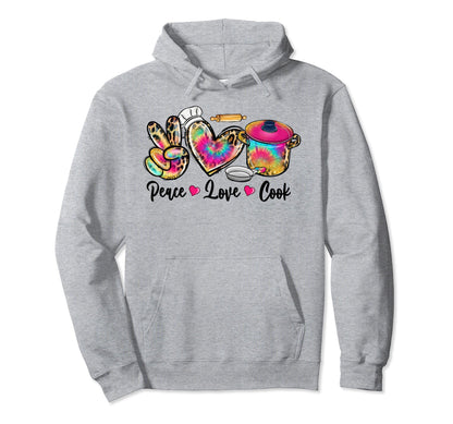 Peace Love Cooking Lunch Lady Life Tie Hoodie - Novelty Apparel for Adults - T-Shirt, Sweatshirt, Hoodie