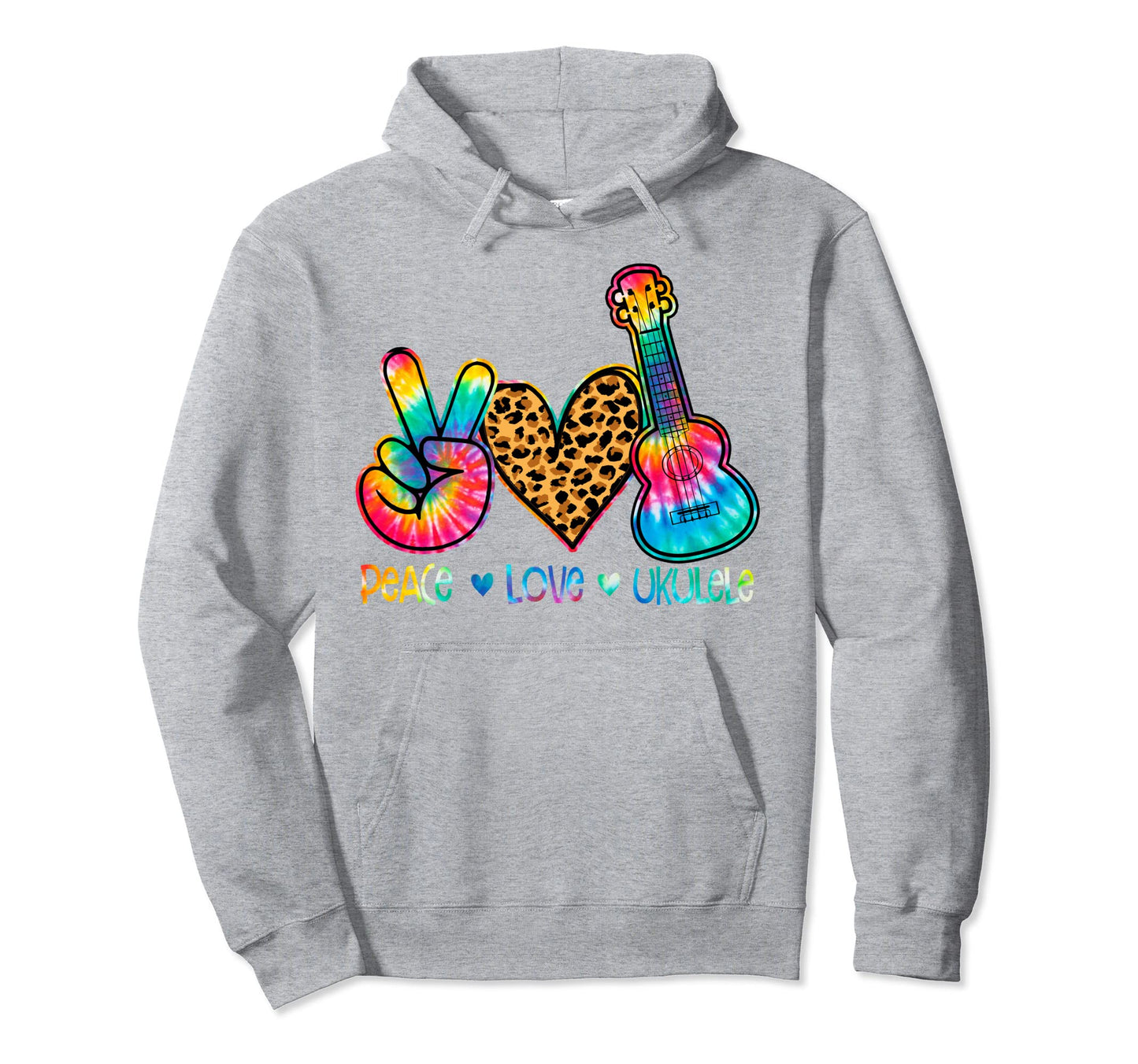 Peace Love Ukulele Leopard Hoodie - Unique Graphic Unisex - T-Shirt, Sweatshirt, Hoodie