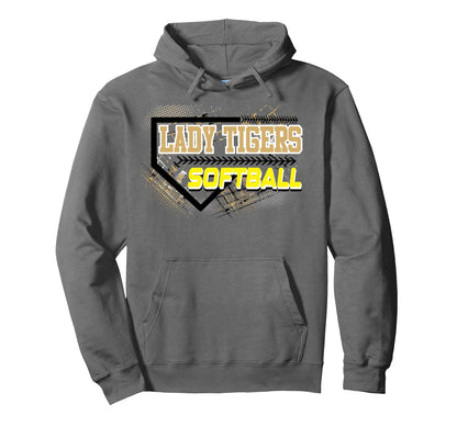 Lady Tigers Softball Mom Game Day Gold Hoodie - Trendy Graphic for Adults - T-Shirt, Sweatshirt, Hoodie