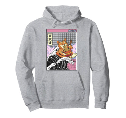 Shiba Inu Eating Ramen Surfing Kanagawa Hoodie - Custom Art Print Unisex - T-Shirt, Sweatshirt, Hoodie