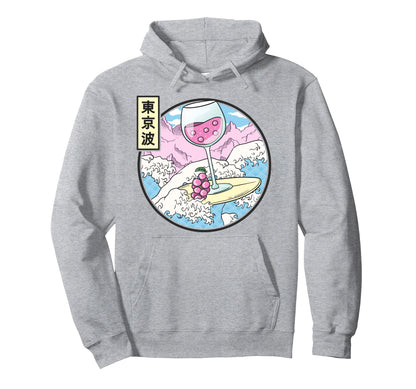 Surfing Wine Glass Japan Waves Kawaii Hoodie - Minimalist Print Unisex - T-Shirt, Sweatshirt, Hoodie