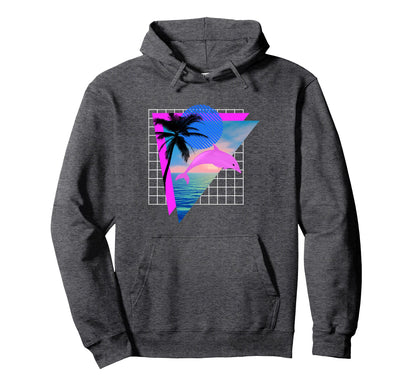 Vaporwave Aesthetic Dolphin Palm Tree Hoodie - Fun Novelty Design Unisex - T-Shirt, Sweatshirt, Hoodie