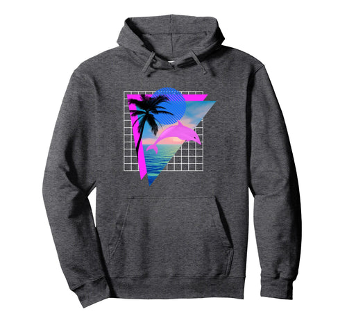 Vaporwave Aesthetic Dolphin Palm Tree Hoodie - Fun Novelty Design Unisex - T-Shirt, Sweatshirt, Hoodie
